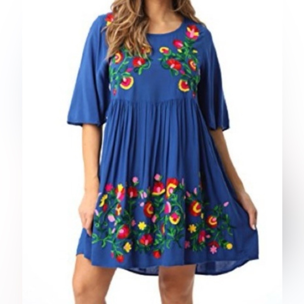 Riviera Sun Size M Blue Embroidered Floral Swing Peasant Dress Cover-Up Pockets